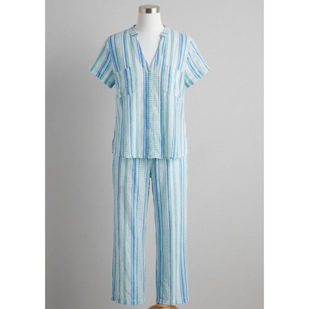 Mary Square Matching Set XL Blue Green Striped Rayon Two-Piece Outfit
